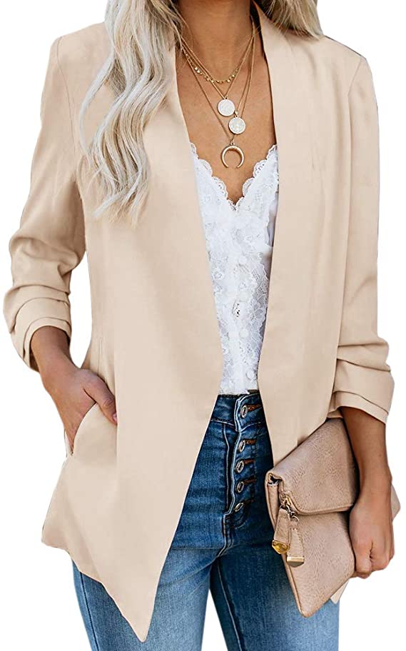 Ofenbuy Womens Casual Blazer Ruched 3/4 Sleeve Open Front Relax Fit Office Lightweight Cardigan Jacket Blazers