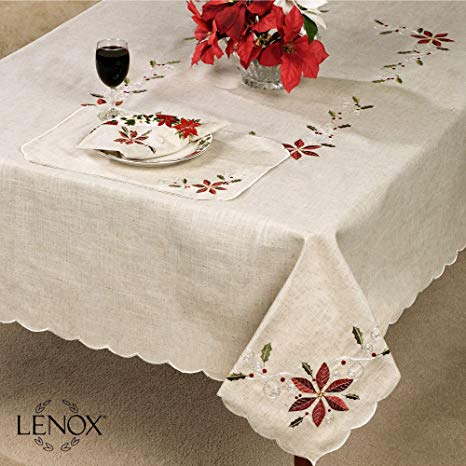 Lenox French Perle Poinsettia Embroidered Design Christmas Tablecloth 60" x 102"