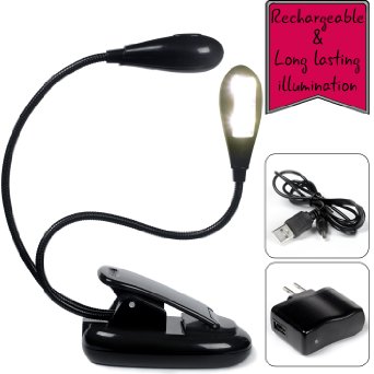 Clip light, book light & reading light (portable light, rechargeable, adaptator & usb light cable included) with 2 adjustable arms & padded clip lamp - 5 brightness mode for this clip on light