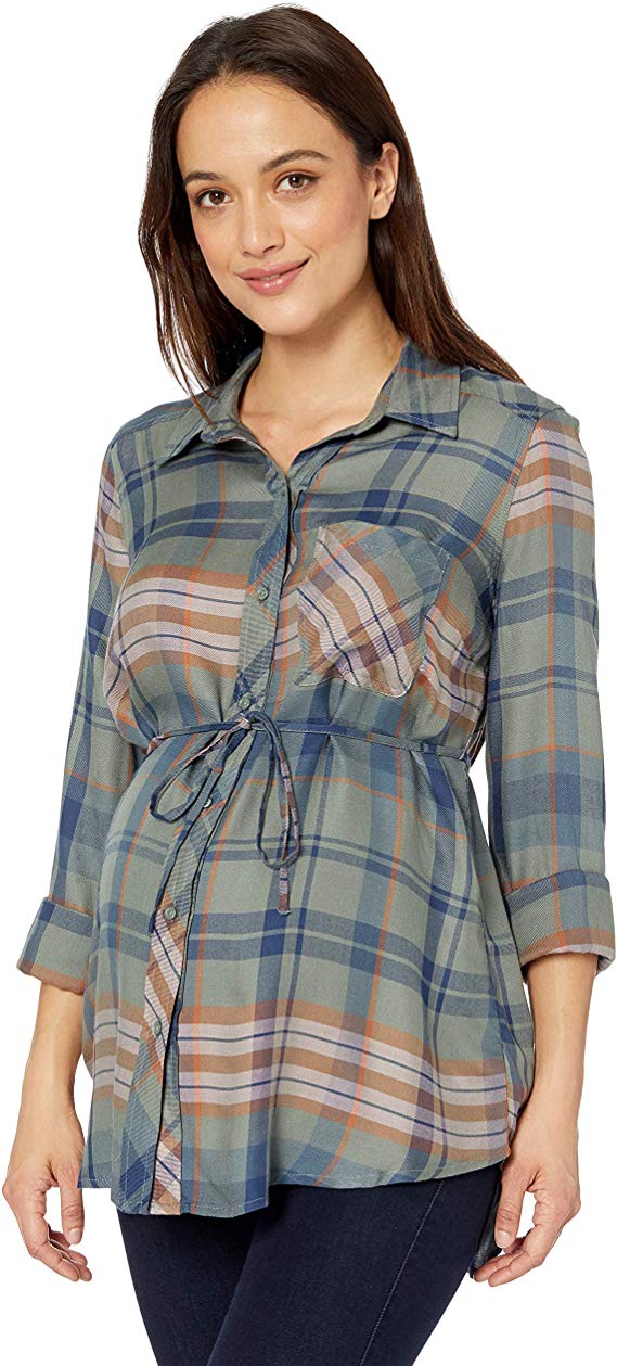 Motherhood Maternity Women's Maternity Convertible Sleeve Front Pocket Button Up Woven Shirt