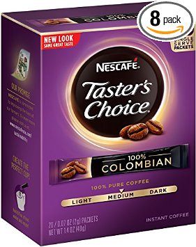 Nescafe Taster's Choice 100% Colombian Instant Coffee, 20 Count Single Serve Sticks, (Pack of 8)
