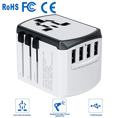 International Power Adapter - Yarrashop All in One Universal Power Adapter with 4 USB Charging Ports Wall Charger for 150  Countries Travel Plug Adapter for USA EU UK AUS (White)