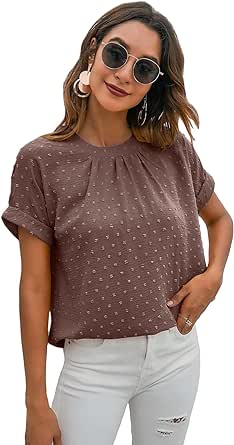 Milumia Women's Summer Crew Neck Short Sleeve Work Tops Swiss Dot Dressy Blouse