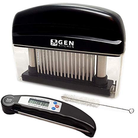 GenKitchen Meat Tenderizer Tool And Cooking Thermometer Bundle: 48 Stainless Steel Blades For Quick Easy Results, Strong Meat Tenderizer Needles, For Juicy Chicken, Beef, Pork, Lamb, Steak And Fish