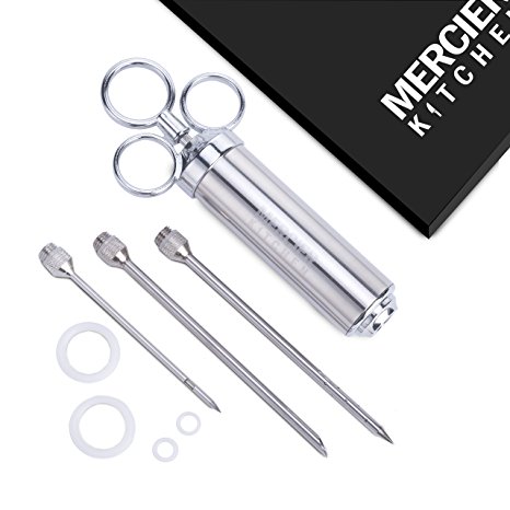 MERCIER Stainless Steel Heavy Duty Meat Injector with 2-oz Large Capacity Barrel and 3 Marinade Needles