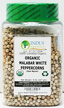 Indus Organics Malabar White Peppercorns, 8 Oz Jar, Premium Grade, High Purity, Freshly Packed