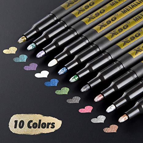 Metallic Marker Pens for Black Paper, XSG Set of 10 Colors Paint Markers for Rock Painting, Card Making,DIY Photo Album, Scrapbook Crafts, Metal, Wood, Ceramic, Glass (Medium tip)