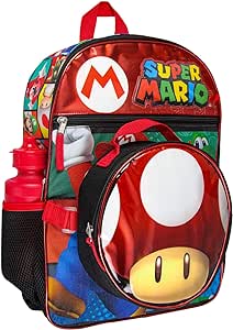 Super Mario Backpack with Detachable Mushroom Lunch Tote 16 Inch 5 Piece Set