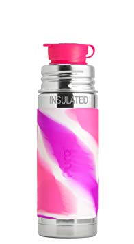 Pura Sport 9 oz / 260 ml Stainless Steel Insulated Kids Sport Bottle with Silicone Sport Flip Cap & Sleeve, Pink Swirl (Plastic Free, NonToxic Certified, BPA Free)