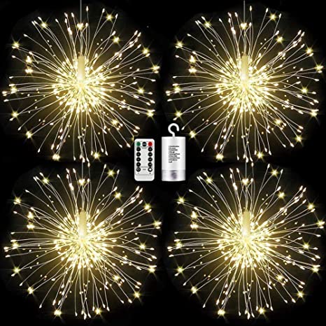 Haliluya 4 Pack 120 LED Copper Wire Firework Lights,Battery Operated Starburst Light with Remote,8 Modes String Fairy Lights Waterproof,Decorative Hanging Lights for Christmas, Home, Indoor Outdoor