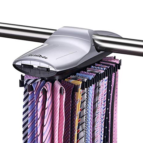 Primode Motorized Tie Rack with LED Lights - Closet Organizer, Stores & Displays Up to 45 Ties Or Belts, Rotation operates with Batteries. Great Gift Idea (Silver)