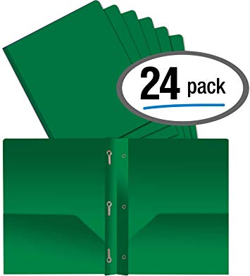 Better Office Products Green Plastic 2 Pocket Folders with Prongs, Heavyweight, Letter Size Poly Folders, 24 Pack, with 3 Metal Prongs Fastener Clips, Green