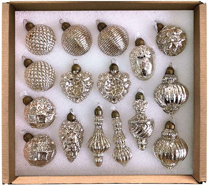 glasburg Mercury Glass Christmas Ornaments Vintage Silver(16 Ornaments)