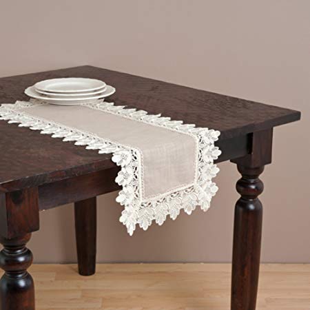 Fennco Styles Venetto Lace Trimmed Elegant Rectangular Table Runner, Taupe Color (16"x36")