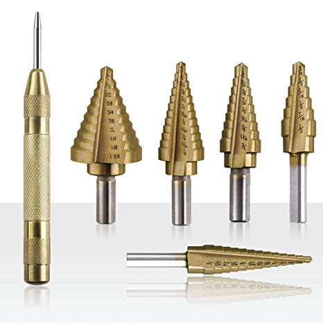 Vastar Step Drill Bit Set - 6 Pieces Titanium Step Drill Set with Automatic Center Punch in A Canvas Bag, High Speed Steel Step Drill Kit Total 50 Sizes