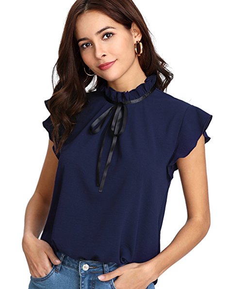 Romwe Women's Casual Cap Sleeve Bow Tie Blouse Top Shirts