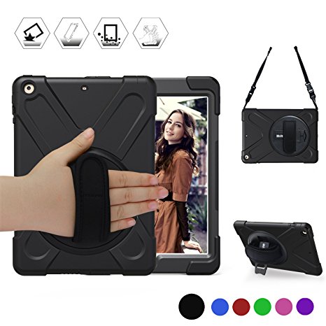 New iPad 2017 Case, BRAECN Three Layer Heavy Duty Soft Silicone Hard Bumper Case Built-in Stand Hand Strap Shoulder Strap Shockproof Durable Rugged Case for iPad 9.7 inch (5th Generation) 2017 Release