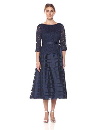 Alex Evenings Women's Tea-Length A-Line Dress with Tie Belt