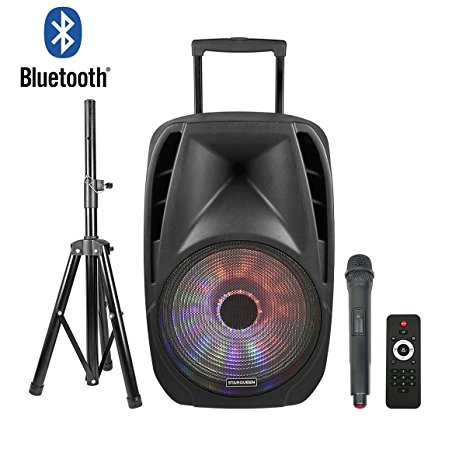 STARQUEEN Portable Bluetooth PA System, 15" Woofer Speaker with Rechargeable battery, USB/SD/FM Radio Function, Mic/Guitar Jack, Tripod Stand Included, Black