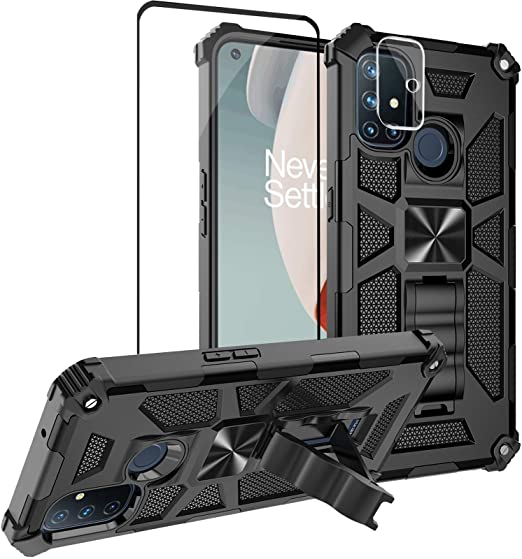 Dretal Military-Grade Series Case for Oneplus Nord N10 5G, Full-Body Shockproof Built-in Kickstand Car Mount Protective Cover with Tempered Glass Screen Protector and Camera Film (Black)