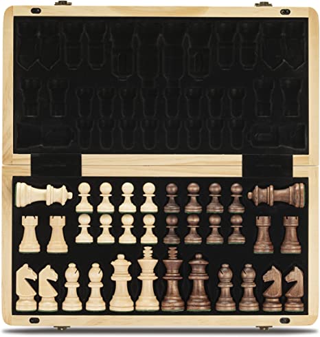 A&A 15" Magnetic Wooden Chess Set /Folding Board / 3" King Height German Knight Staunton Chess Pieces / Mahogany & Maple Inlaid /2 Extra Queen /Board Games Chess Sets for Adults and Kids
