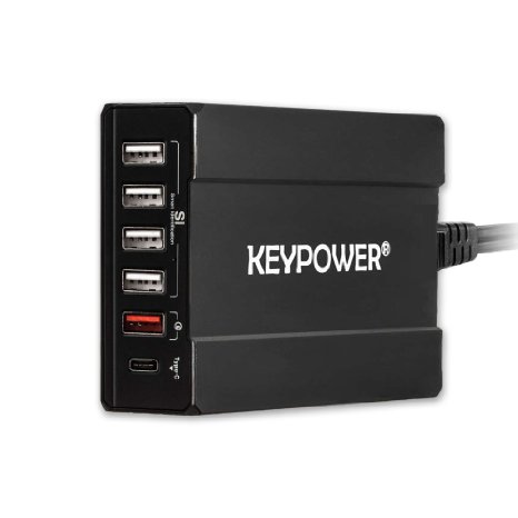 USB Type-C Wall Charger Key Power 50W 6-Port Travel Charging Station for Google Nexus 6P 5XOnePlus 2 Apple MacBook 12 inch and More Black