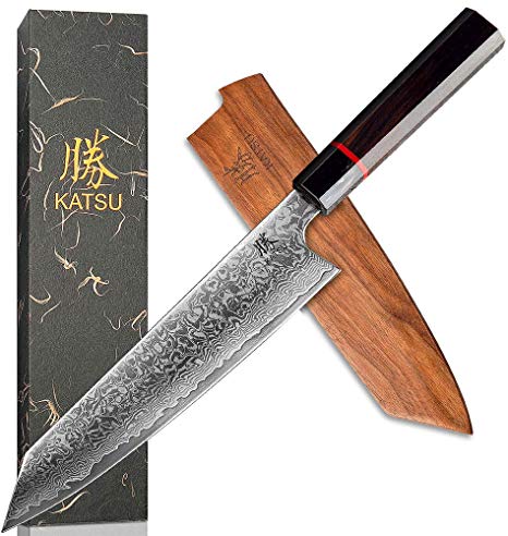 KATSU Kiritsuke Chef Knife - Damascus - Japanese Kitchen Knife - 8-inch - Handcrafted Octagonal Handle - Wood Sheath & Gift Box