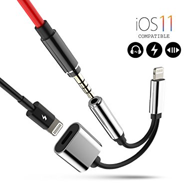 Lightning to 3.5 mm Headphone Jack Adapter Splitter, Jiaguoe iOS 11/10.3 Lightning Audio Charge Cable Apple Headphones Accessories Adapter for iPhone 7 / 7 Plus / 8 / X (Silver)