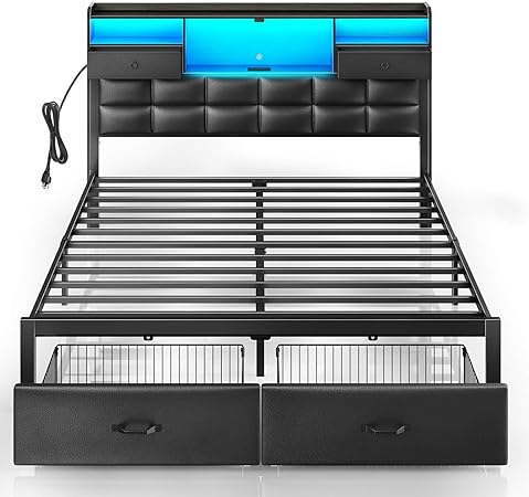 Rolanstar Bed Frame Queen Size with Drawers and Charging Station, Upholstered Platform Bed with Storage Headboard and LED Light, Heavy Duty Metal Frame Support, No Box Spring Needed, Noise Free, Black