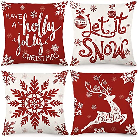 ALINK Throw Pillow Covers Thanksgiving Merry Christmas Decoration Sofa Linen Pillow Case Home Decor Gifts Autumn Deer Snowflake Xmas Trees 4 PCS(18 x 18 in)(Insert are not Included) RED,White