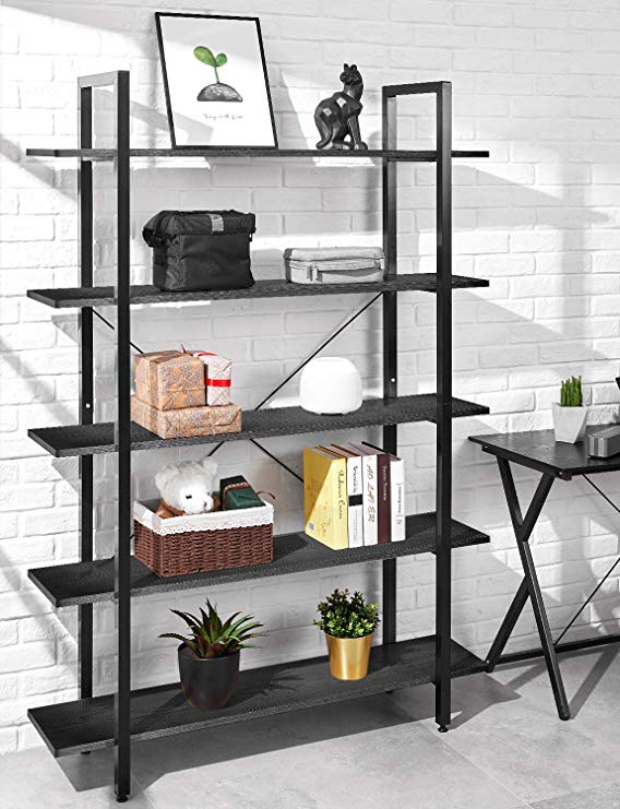 ORAF Bookshelf 5 Tier 47Lx13Wx70H inches Bookcase Solid 130lbs Load Capacity Industrial Bookshelf, Sturdy Bookshelves with Steel Frame, Assemble Easily Storage Organizer Home Office Shelf, Black