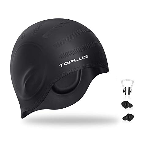 TOPLUS Swim Cap, Silicone Swimming Cap for Women Men Long Hair - 3D Ergonomic Design Comfortable and Durable Comes with Nose Clip & Ear Plugs - Black