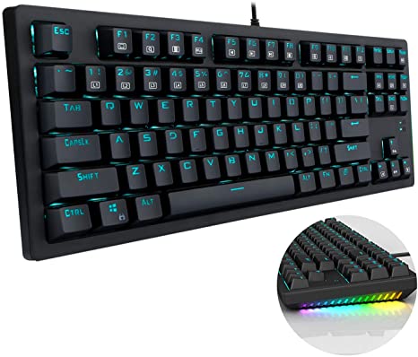 Mechanical Keyboard Wired Gaming Keyboard with Blue Switches Blue LED Backlit 87 Keys N-Key Rollover Mechanical Computer Keyboard for PC Gamers, Black