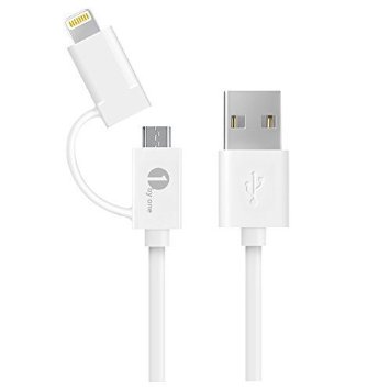 1byone 2-in-1 Lightning & Micro-USB Sync and Charge Cable 3.3ft (1m) for iPhone 6s 6 Plus 5s 5c 5, iPad Air mini, Samsung and More, White