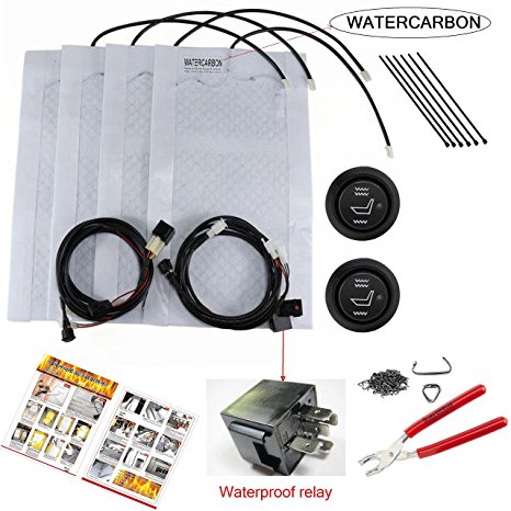 WATERCARBON Carbon Fiber Seat Heater Kit Hi/Lo Setting 3 Years USA Warranty 2 Seats And Hog Rings Pliers 100 Hog Rings Auto Interior Install Seat Covers