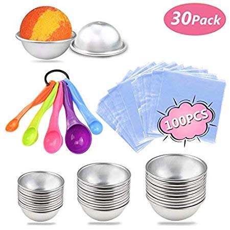 Buluri DIY Bath Bomb Molds Set Including 30pcs 3 Size Metal Bath Bomb Molds, 5 pcs Spoons, Wrapping Papers, 100 pcs Shrink Wrap Bags for Crafting Your Own Fizzies, Bath Bombs Handmade Soaps & Cake