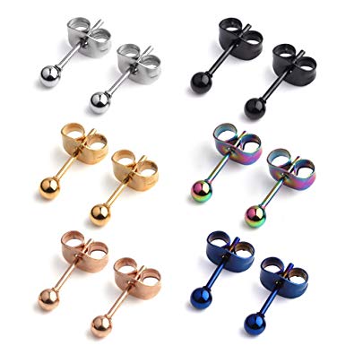 Ruifan 20G Mix Color Stainless Steel Ball Stud Earrings for Men Women Round 3-8mm 6Pairs