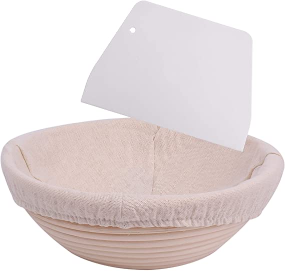 9 inch Bread Banneton Proofing Basket - Natural Rattan Round Basket Baking Bowl with Linen Liner Cloth and Dough Scraper for Professional and Home Baker
