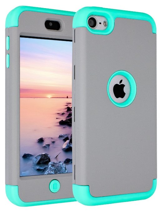 iPod Touch 5 Case,iPod Touch 6 Case,SLMY(TM)Heavy Duty High Impact Armor Case Cover Protective Case for Apple iPod touch 5 6th Generation Gray/Green