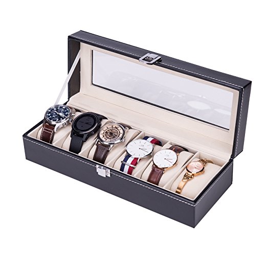 CO-Z Valet Watch Jewelry Box with Lock 6 Slots, Black Leather Watch Display Case for Men (Deluxe 6 Slots)