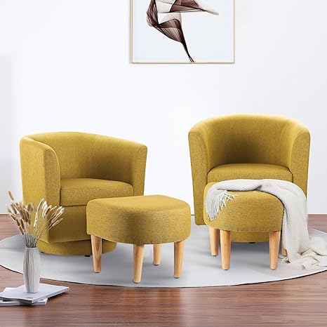 DAZONE Swivel Chair with Ottoman, Modern Swivel Accent Chair Set of 2, Comfortable Living Room Chairs Upholstered Barrel Chairs 360 Degree Round Club Tub Sofa Chair for Bedroom Reading Room, Yellow