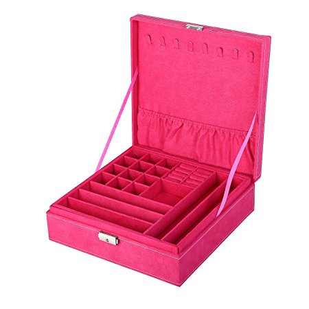KLOUD City Hot Pink two-layer lint jewelry box organizer display storage case with lock