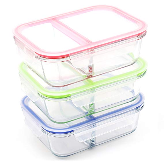 Glass Meal Prep Containers 2 Compartment - RENPHO Glass Lunch Containers Food Storage Containers Set Bento Boxes with Airtight Lids BPA-Free - Microwave, Oven, Freezer, Dishwasher Safe [3-Pack, 36oz]
