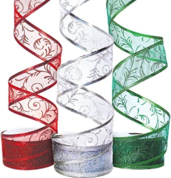 Christmas Ribbon for Gift Wrapping Ribbons Wired 1.5 Inch Set of Ribbon Wire Red Green Silver/White Sheer Organza Glitter Gift Wrap Xmas Tree Decoration Holiday Craft Gifts 30 Yards / 10 Yard Ea. Roll
