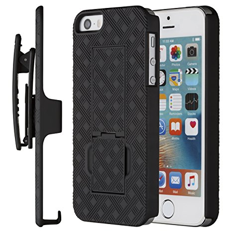 iPhone SE Case, iPhone 5 5S Case, Moona Shell Holster Combo Case for Apple iPhone SE and iPhone 5 / 5S with KickStand & Belt Clip "10 Year Warranty" - iPhone SE & 5S Thin Holster Belt Clip Case