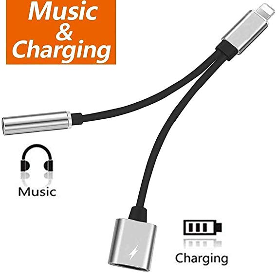 Headphone Adapter for iPhone Earphone Adaptor 3.5mm Jack AUX Cable Audio Adaptor Splitter for iPhone 8/8Plus/7/7Plus/X/XS max Music & Charge Dongle Headset Convertor Accessories Support All iOS
