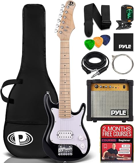 Pyle Kids Electric Guitar Starter Kit with Amplifier, 30” Mini Instrument w/ 10W Amp & Complete Accessories, PEGKT30 Black