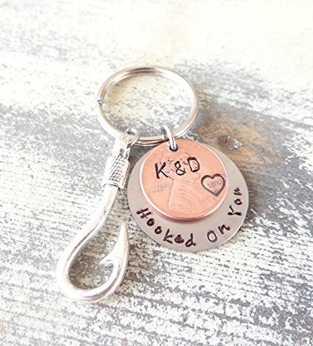 Anniversary Keychain, Anniversary gift, Initials, Penny, stamped penny, Penny Keychain, our first anniversary, Hooked on you, Stamped Penny Keychain, Valentines Gift