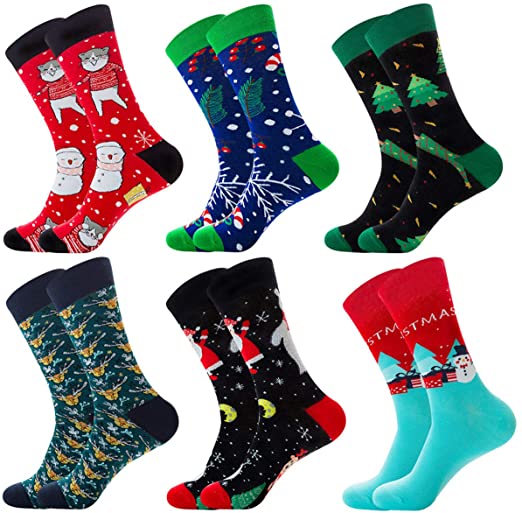 Christmas Socks-6 Pairs Men's Fun Dress Socks Patterned Crew Colorful Funky Fancy Novelty Funny Casual Socks for Christmas Winter Indoor Home
