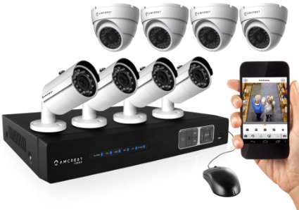 Amcrest 1080P Tribrid HDCVI 8CH 3TB DVR Security Camera System w 4 x 21MP Bullet Cameras and 4 x 21MP Dome Cameras White